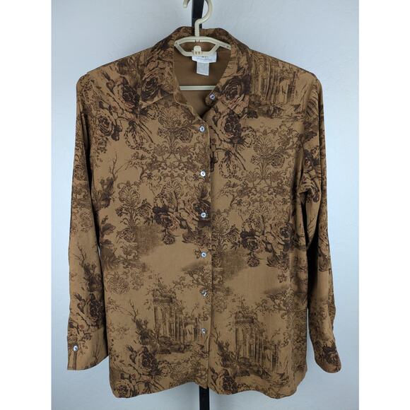 Vintage Soft Surroundings Toile Print Button Front Shirt Brown Rust - Picture 1 of 5